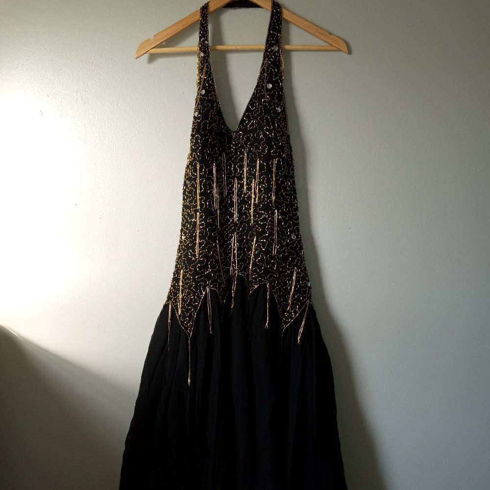 Vintage Black with Gold Sequin Midi Dress / Prom